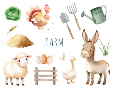 Şirin çiftlik hayvanları ve tarım unsurları. Çit, hindi, eşek, kaz, koyun, lahana, su kutusu, alet edevat.