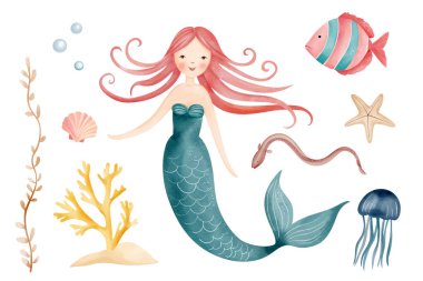 Tatlı suluboya denizkızı, balık, denizanası, mercan. Peri masalı deniz karakterleri. Su sakinleri. Elle çizilmiş deniz yaşamı