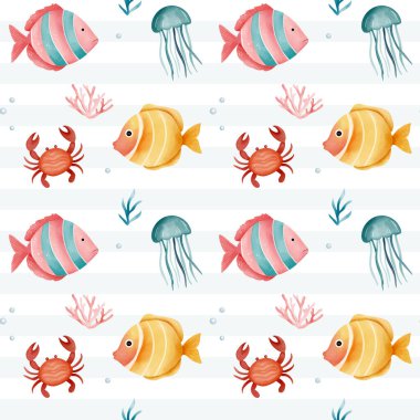 Suluboya ve tropikal balıkların kusursuz desenleri. El yapımı deniz hayvanları deseni. Su altı karakterleri.