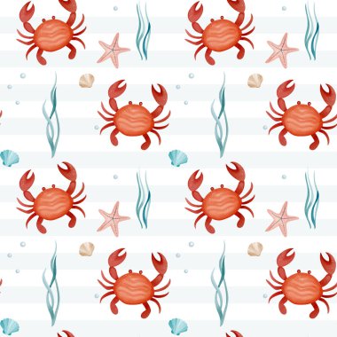 Suluboya yengeçli kusursuz desen. El yapımı deniz hayvanları deseni. Su altı karakterleri.