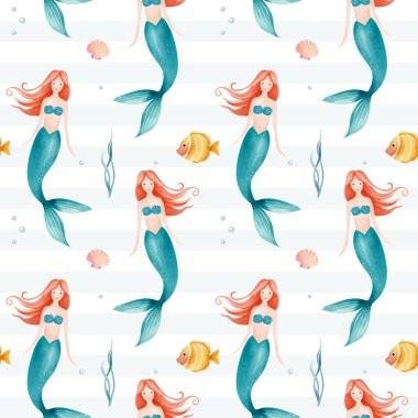Suluboya deniz kızı ve balıkla kusursuz bir desen. El çizimi deniz altı çocuksu dokusu. Su altı karakterleri.