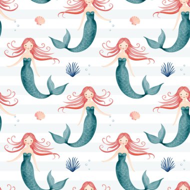 Suluboya denizkızıyla kusursuz desen. El çizimi deniz altı çocuksu dokusu. Su altı karakterleri. Deniz hayvanları arka planı