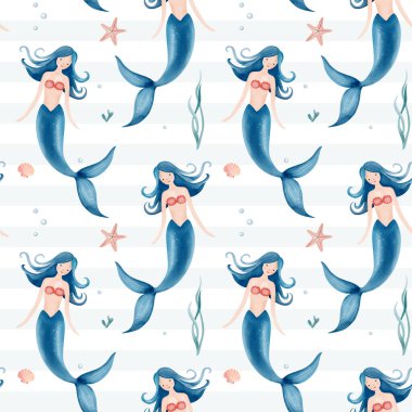 Suluboya denizkızıyla kusursuz desen. El çizimi deniz altı çocuksu dokusu. Su altı karakterleri.