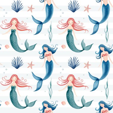 Suluboya denizkızıyla kusursuz desen. El çizimi deniz altı çocuksu dokusu. Su altı karakterleri arka planı.
