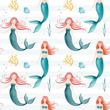 Suluboya denizkızıyla kusursuz desen. Sualtı karakterleri. El çizimi deniz altı çocuksu dokusu. 