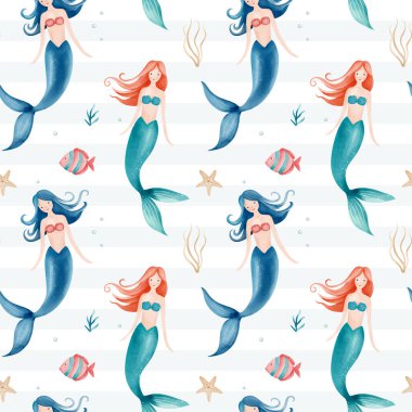 Suluboya denizkızlarıyla kusursuz desen. Sualtı karakterleri. El çizimi deniz altı çocuksu dokusu. 