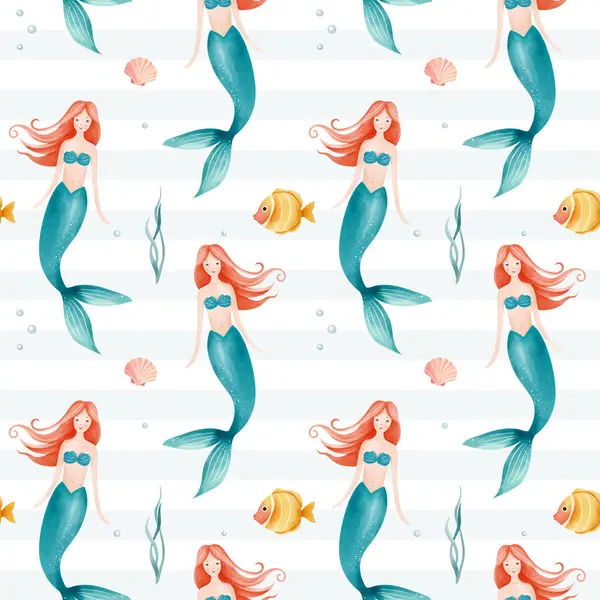 Suluboya deniz kızı ve balıkla kusursuz bir desen. El çizimi deniz altı çocuksu dokusu. Su altı karakterleri.