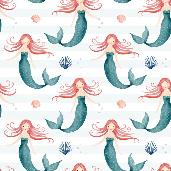 Suluboya denizkızıyla kusursuz desen. El çizimi deniz altı çocuksu dokusu. Su altı karakterleri. Deniz hayvanları arka planı