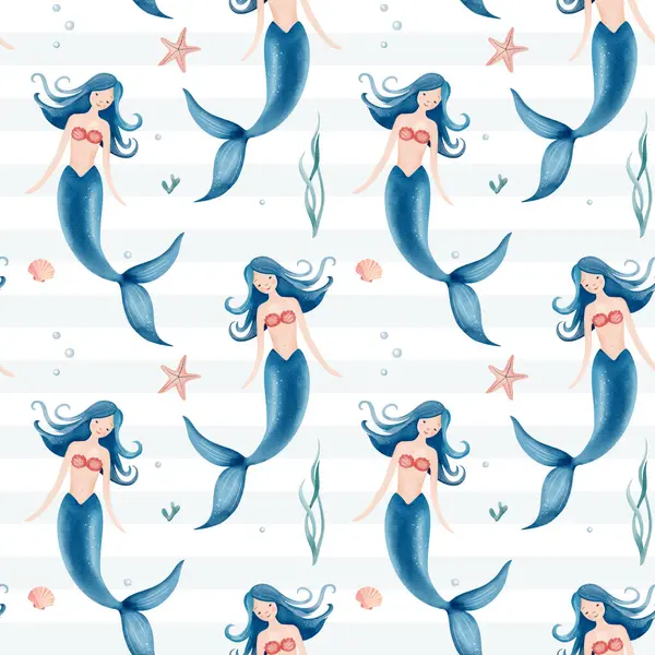 Suluboya denizkızıyla kusursuz desen. El çizimi deniz altı çocuksu dokusu. Su altı karakterleri.