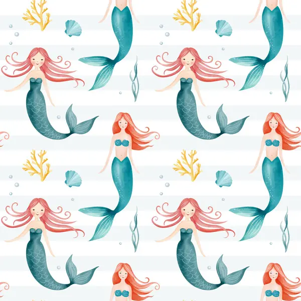 Suluboya denizkızıyla kusursuz desen. Sualtı karakterleri. El çizimi deniz altı çocuksu dokusu. 