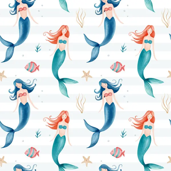 Suluboya denizkızlarıyla kusursuz desen. Sualtı karakterleri. El çizimi deniz altı çocuksu dokusu. 