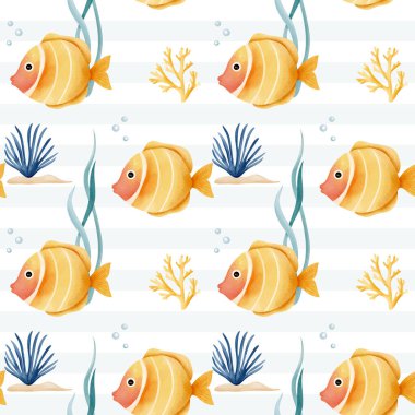 Suluboya ve tropikal balıkların kusursuz desenleri. Su altı karakterleri. El yapımı deniz hayvanları deseni. 