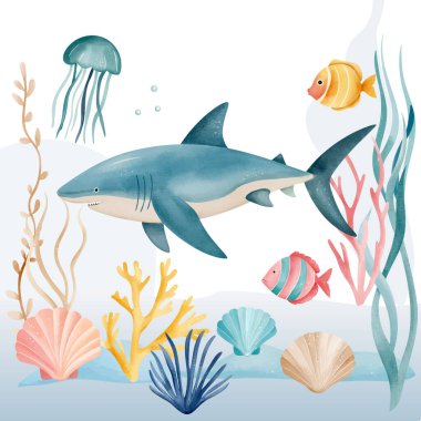 Şirin tropikal balıklar, köpekbalığı. El yapımı su altı deniz yaşamı. Suluboya deniz hayvanları. Su sakinleri. 