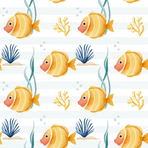 Suluboya ve tropikal balıkların kusursuz desenleri. Su altı karakterleri. El yapımı deniz hayvanları deseni. 