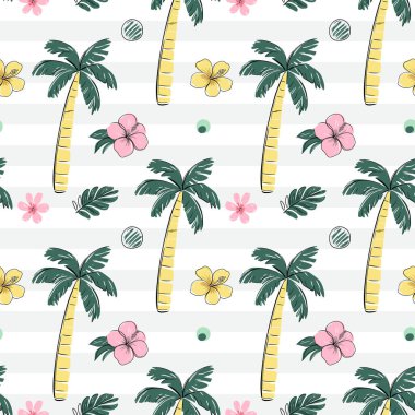Kusursuz desenli tropikal çiçekler ve siyah çizgili palmiye ağaçları. Çizim, çizim tarzı. Tropik arka plan. 