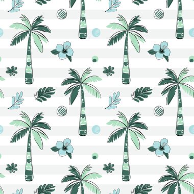 Kusursuz desenli tropikal çiçekler ve siyah çizgili palmiye ağaçları. Tropik arka plan. Çizim, çizgi çizim biçimi.