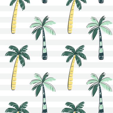 Kusursuz desenli, siyah çizgili palmiye ağaçları. Tropik arka plan. Çizim, çizgi çizim biçimi.