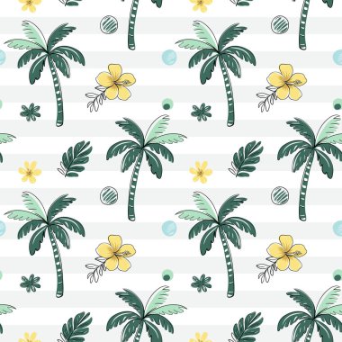 Sarı tropik çiçekli kusursuz desen ve siyah çizgili palmiye ağaçları. Tropik arka plan. Çizim, çizgi çizim biçimi.