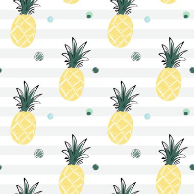 Çizgi film ananaslarıyla kusursuz desen. Tropikal arka planlar çizmek. Çizim, çizgi çizim biçimi. 