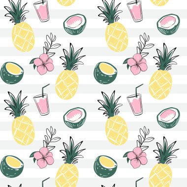 Hindistan cevizli, içkili, ananaslı kusursuz desen. Tropikal arka planlar çizmek. Çizim, çizgi çizim biçimi. 