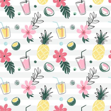 Tropikal arka planlar çizmek. Hindistan cevizli, içkili, ananaslı kusursuz desen. Çizim, çizgi çizim biçimi. 