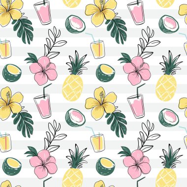 Hindistan cevizli, içkili, ananaslı kusursuz desen. Tropikal arka planlar çizmek. Çizim, çizgi çizim biçimi. 