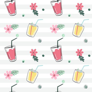 Kuyruk kuyruğu ve çiçeklerle kusursuz bir desen. Çizim, çizim tarzı. Tropikal arka planlar karala.