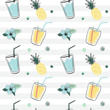 Kokkuyruklu, ananaslı ve çiçekli kusursuz desen. Çizim, çizim tarzı. Tropikal arka planlar karala.
