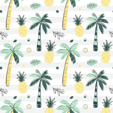 Palmiye ağaçları ve ananasla kusursuz desen. Çizim, çizim tarzı. Tropikal arka planlar karala.