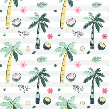 Palmiye ağaçları ve hindistan cevizi pürüzsüz desen. Çizim, çizim tarzı. Tropikal arka planlar karala.