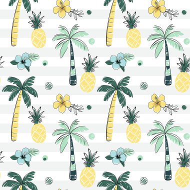 Palmiye ağaçları, ananas ve çiçeklerle kusursuz desen. Çizim, çizim tarzı. Tropikal arka planlar karala.