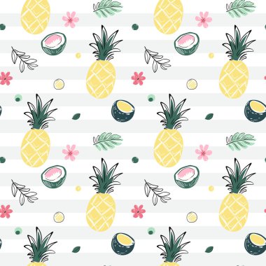 Tropikal meyveli, ananaslı, hindistan cevizli kusursuz desen. Çizim stili. Tropikal arka planlar karala.