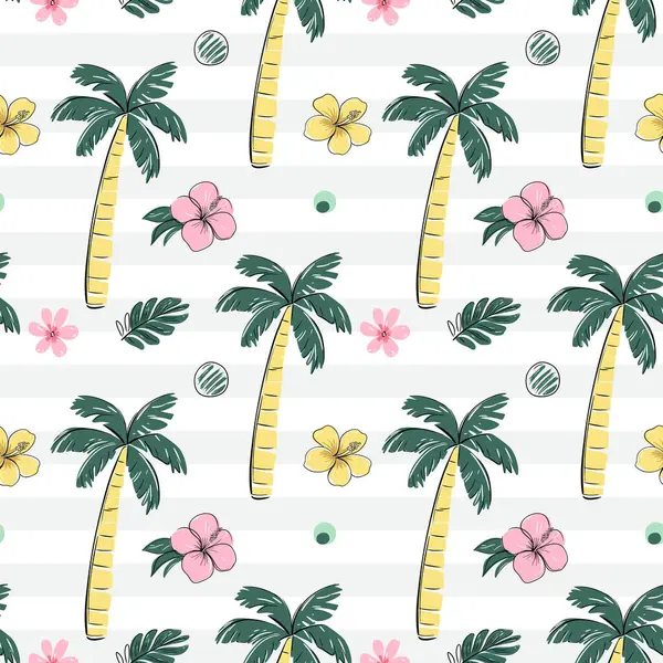 Kusursuz desenli tropikal çiçekler ve siyah çizgili palmiye ağaçları. Çizim, çizim tarzı. Tropik arka plan. 
