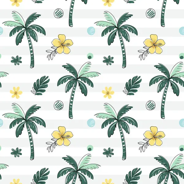 Sarı tropik çiçekli kusursuz desen ve siyah çizgili palmiye ağaçları. Tropik arka plan. Çizim, çizgi çizim biçimi.