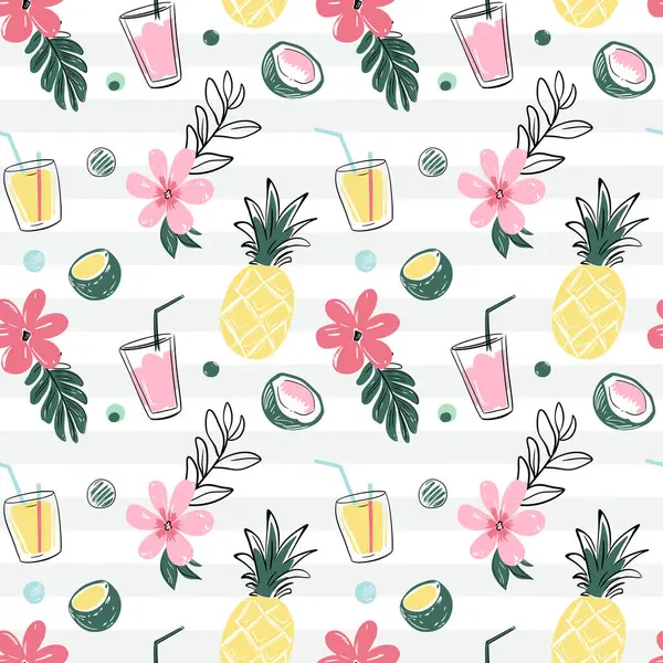 Tropikal arka planlar çizmek. Hindistan cevizli, içkili, ananaslı kusursuz desen. Çizim, çizgi çizim biçimi. 