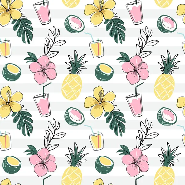 Hindistan cevizli, içkili, ananaslı kusursuz desen. Tropikal arka planlar çizmek. Çizim, çizgi çizim biçimi. 