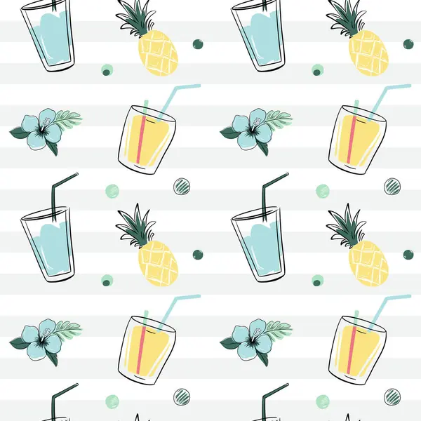 Kokkuyruklu, ananaslı ve çiçekli kusursuz desen. Çizim, çizim tarzı. Tropikal arka planlar karala.