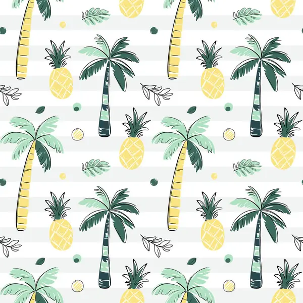 Palmiye ağaçları ve ananasla kusursuz desen. Çizim, çizim tarzı. Tropikal arka planlar karala.