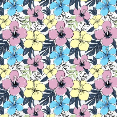 Siyah çizgili, mor tropikal çiçekli kusursuz desen. Hibiscus 'un arka planı. Çizgi çizim biçimi.