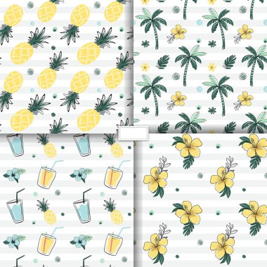 Tropik çiçekli, meyveli, ananaslı, palmiyeli pürüzsüz desenler. Çizim stili. Tropikal arka planlar karala.