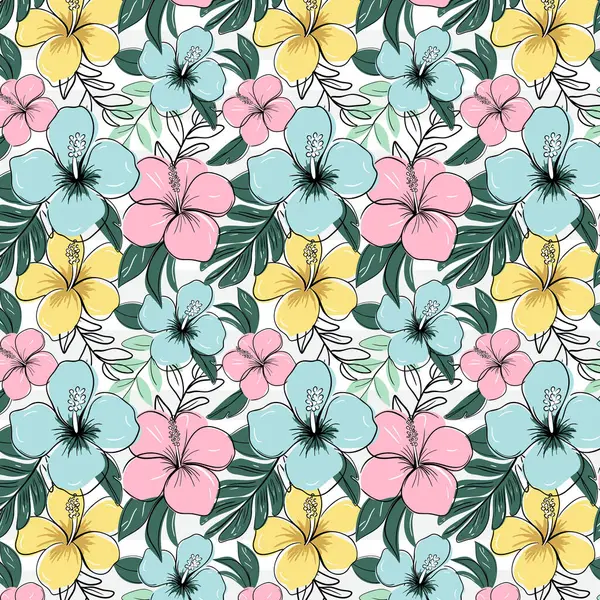 Siyah çizgili, tropik çiçeklerle kusursuz bir desen. Hibiscus çiçekleri arka planda. Çizgi çizim biçimi.