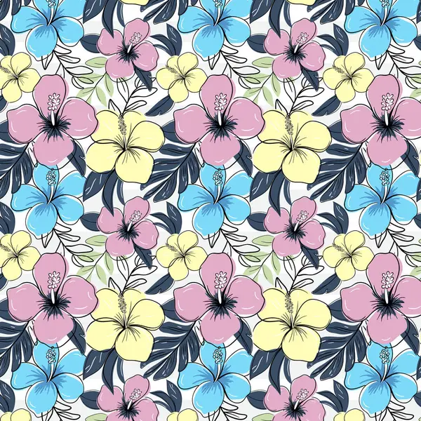 Siyah çizgili, mor tropikal çiçekli kusursuz desen. Hibiscus 'un arka planı. Çizgi çizim biçimi.