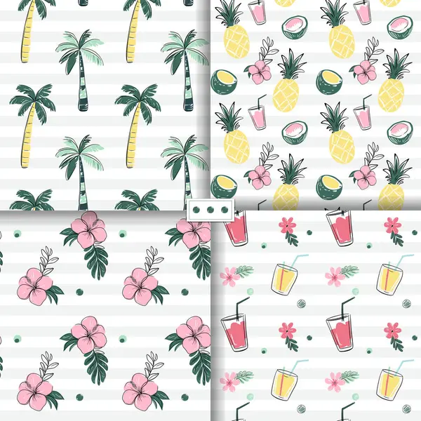 Tropik çiçekli, meyveli, ananaslı, hindistan cevizli, palmiye ağaçlı kusursuz desenler. Çizim stili. Tropikal arka planlar karala.