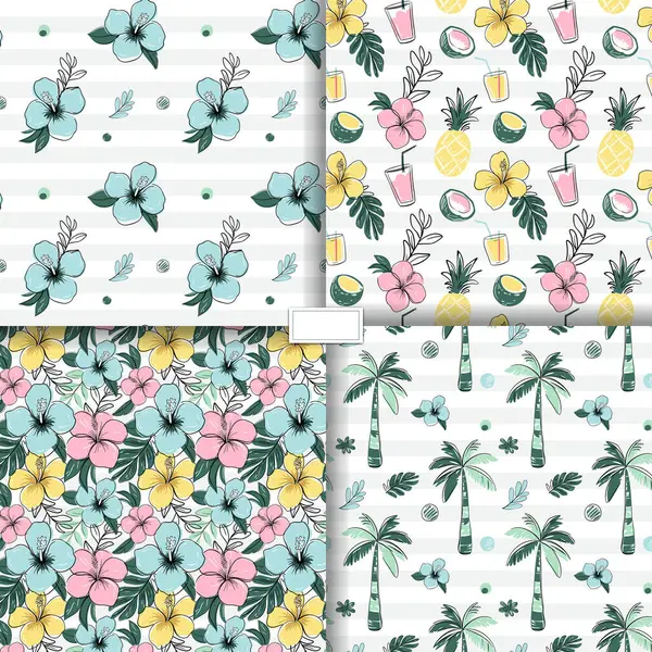 Egzotik çiçekleri ve palmiyeleri olan kusursuz desenler. Çizim stili. Tropikal arka planlar karala.