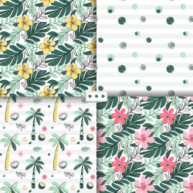 Tropik çiçekli, hindistan cevizli, palmiye ağaçlı kusursuz desenler. Çizim çizimi. Tropikal arka planlar karala.