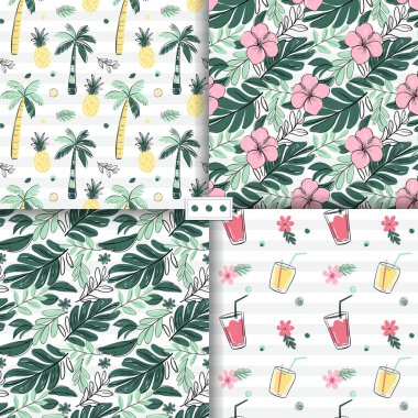 Tropik arka planlar. Tropik çiçekli, içkili, palmiye ağaçlı kusursuz desenler. Çizim. 