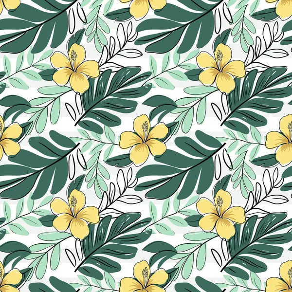 Tropikal yapraklı kusursuz desen ve siyah çizgili sarı amber çiçeği. Egzotik çiçekler arka planda. Çizim biçimi.