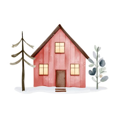 İskandinav konforlu evi. Şirin peri evi. El çizimi çocuksu bir resim. Suluboya ahşap ev.