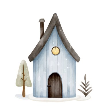 Şirin peri evi. İskandinav konforlu evi. El çizimi çocuksu bir resim. Suluboya evler.