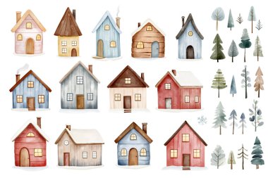 Suluboya İskandinav evleri ve ağaçları. Şirin peri kuzey evleri. El çizimi çocuksu çizim